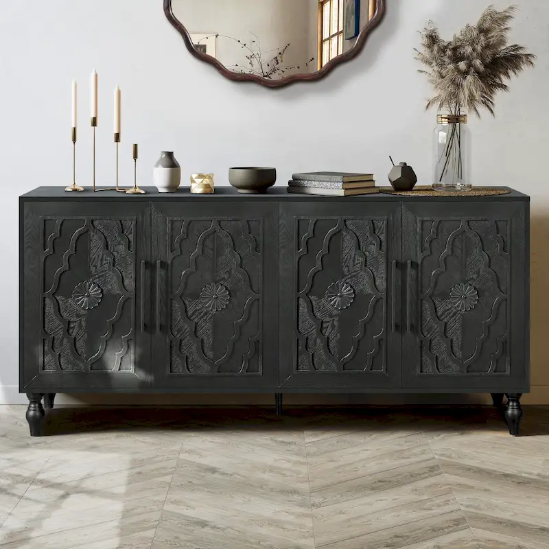 Carved Flower Door Cabinet With Metal Handle