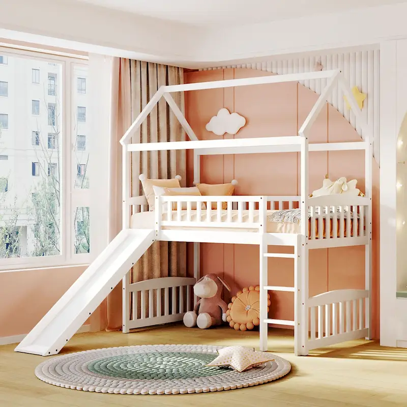 Twin House Loft Bed with Slide, Wood Frame, Kids Playhouse Bed, Fun Bedroom Design