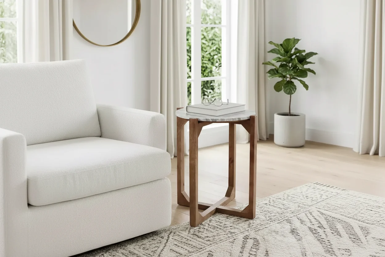 Classic Round End and Side Table for Small Spaces - Marble Top and Metal Base for Living Room, Bedroom and Home Decor - 22, Ivory & Gray