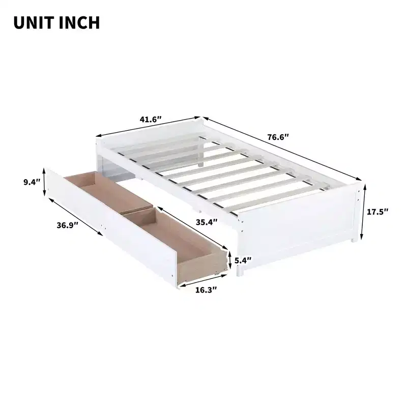 Twin Size Wood Bed with 2 Drawers for Guest Rooms and Kids' rooms