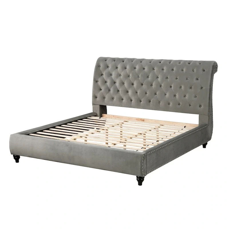 Gray Velvet Button Tufted Nailhead Sleigh Bed – Queen / King