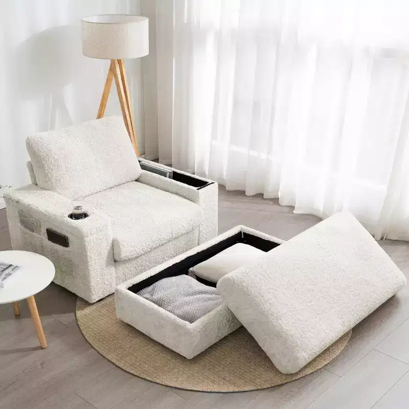 Oversized Faux Rabbit Fur Chaise Lounge with Storage Ottoman and Armrests, Upholstered Sleeper Sofa Bed with Cup Holders
