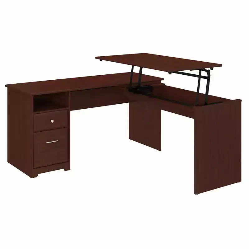 60W 3 Position L Shaped Sit to Stand Desk Harvest Cherry Ergonomic, Adjustable Height