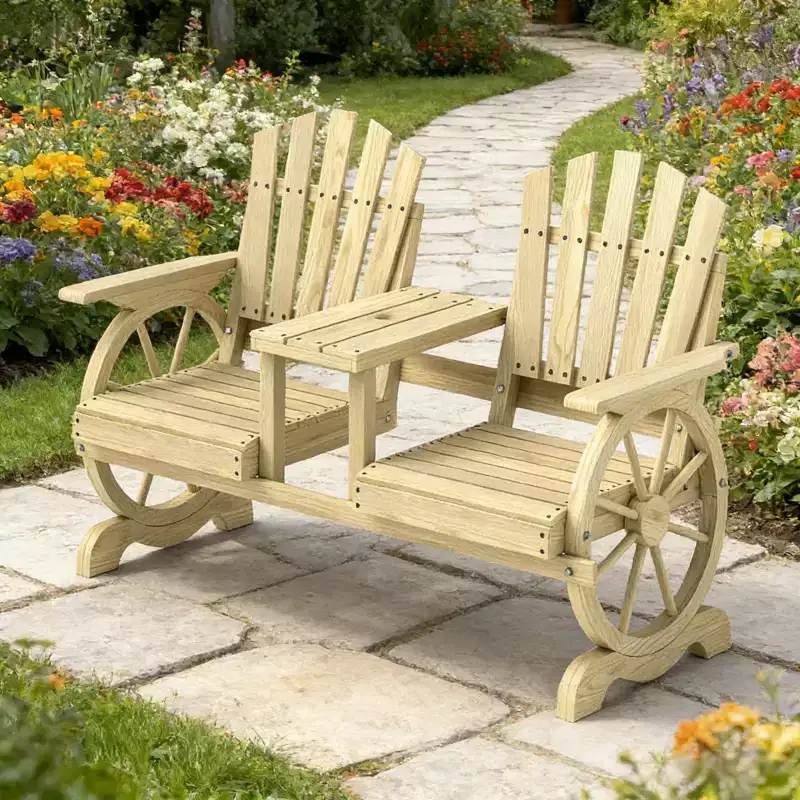 GDFStudio Sydel Wagon Wheel Patio Bench with Center Table and Storage Compartment