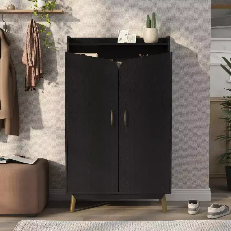 Double Door Shoe Cabinet Black - : Holds 15 Pairs, Adjustable Shelves, Mid Century Style