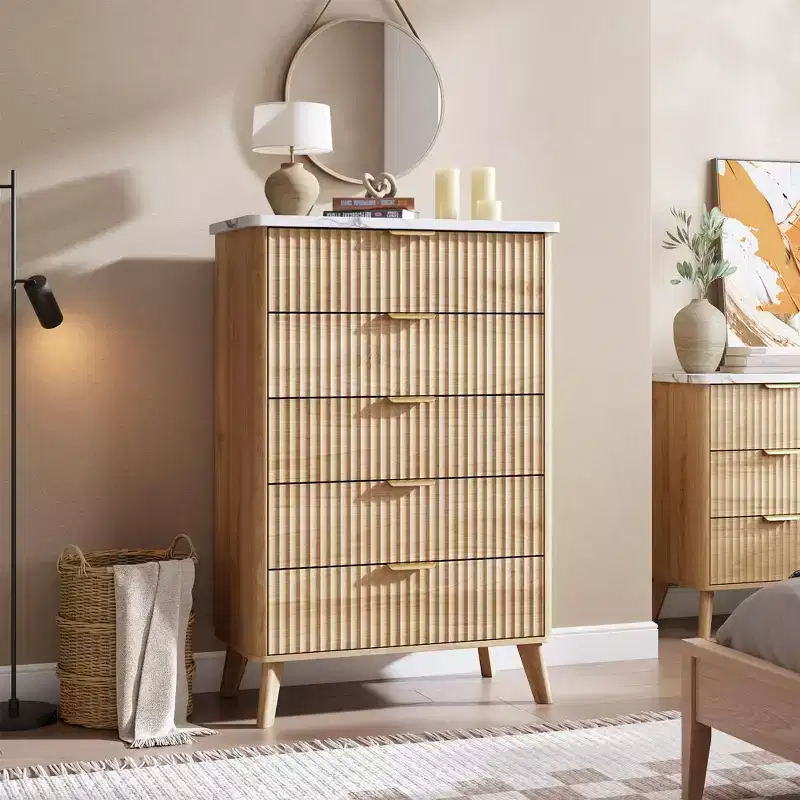 Fluted Dresser for Bedroom with 5 Deep Drawers, 47.2 in Tall Chest of Drawers with Faux Marble Top, Curved Profile Design, Modern Wooden Dresser