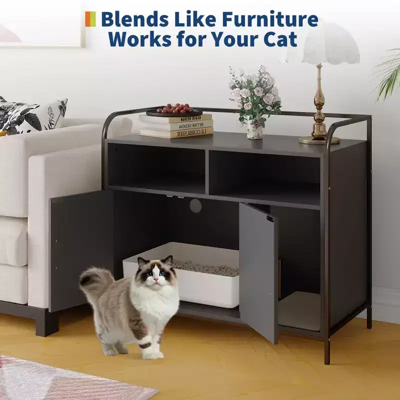 Cat Litter Box Furniture, Hidden Litter Box Enclosure - Wooden Barn Door Dog Proof Cat Washroom Kitty House for Most Litter Boxes
