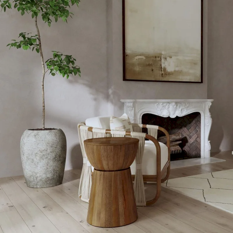 Sculpted Wood Drum Accent Table by