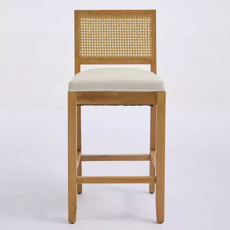 Homy Casa Solid Wood Bar Stools Set of 2 with Rattan Back and Padded Upholstered Seat