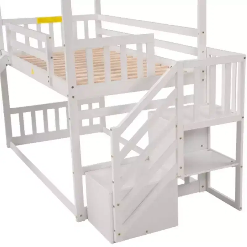 White Twin over Twin House Bunk Bed with Convertible Slide and Storage Staircase