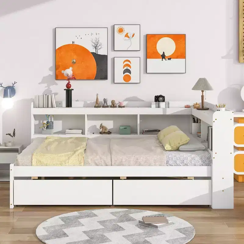 Bellemave Full Size Corner Bed Frame with Storage Drawers,Daybed with L-Shaped Bookcases,Corner Daybed Full Size for Kids Teens Adult,White