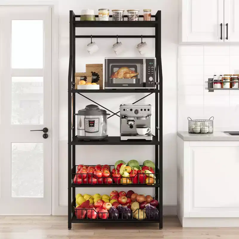 Black 5-Tier Baker's Rack with Wire Baskets & Hooks | Steel + MDF | For 1