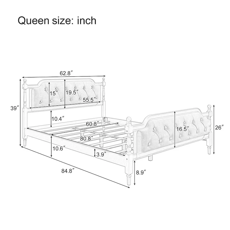 Solid Wood Bed Frame with Upholstered Tufted Headboard – No Box Spring Needed