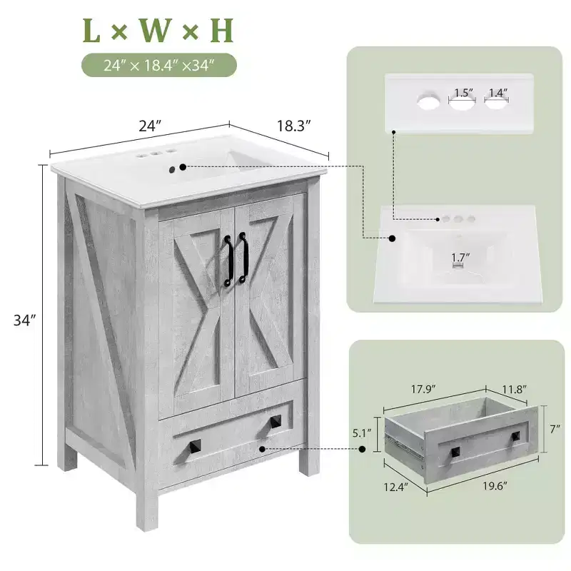 24/30 Modern Bathroom Vanity with Ceramic Sink - Freestanding Cabinet with 2 Doors & 1 Storage Drawer for Small Bathroom Storage