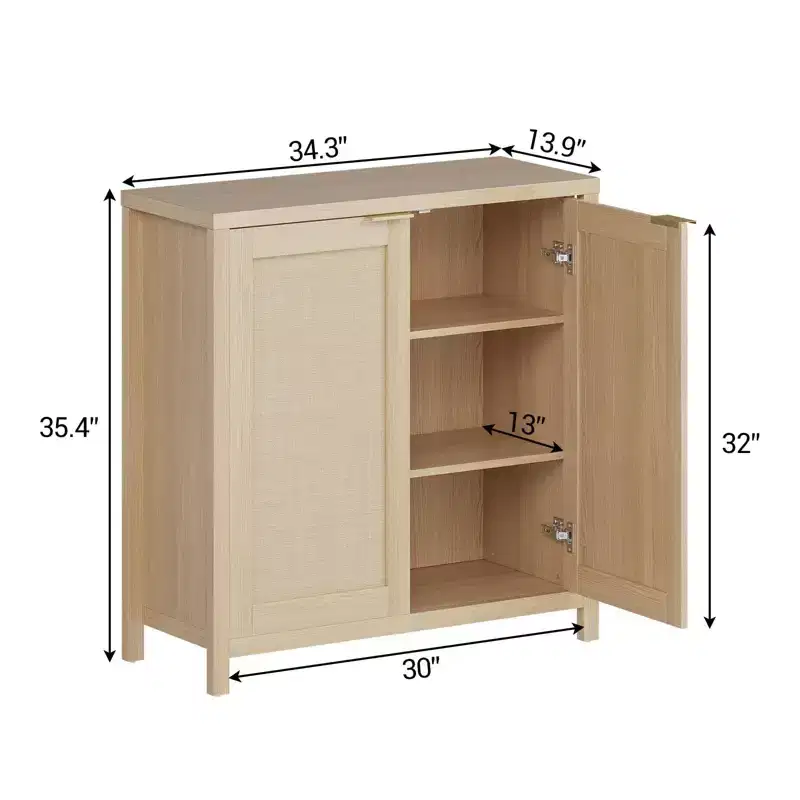 2PCS Kitchen Storage Cabinet, Rattan Sideboard Buffet Cabinet Farmhouse Cupboard Console Table Buffet Cabinets with Adjustable Shelf, Oak
