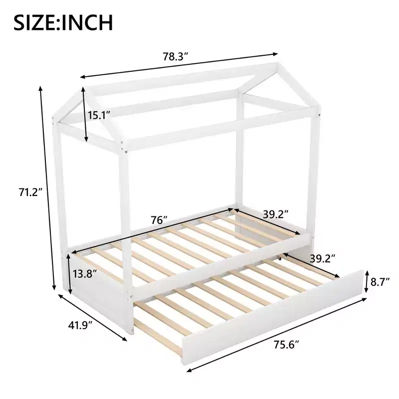 Luxystar Twin Size Wood House Bed with Trundle, White