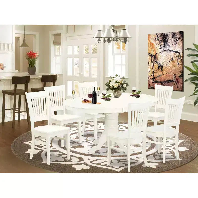 HomeStock Oval Dining Set Linen White Dining Room Table with Butterfly Leaf
