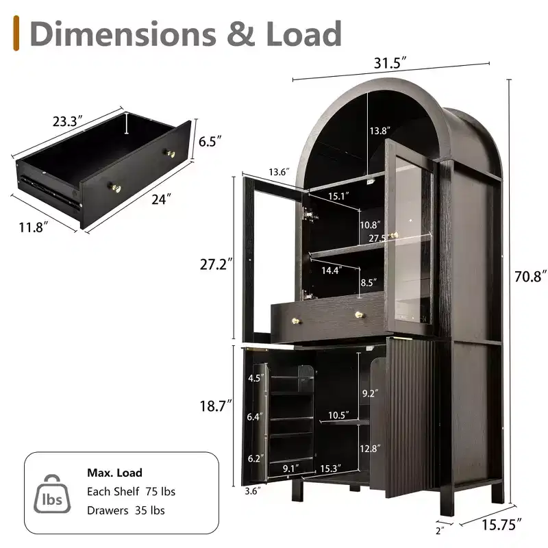 71 Fluted Tall Arched Pantry Cabinet with Adjustable Shelves, Elegant Display Storage with Hidden Drawer & Glass Door