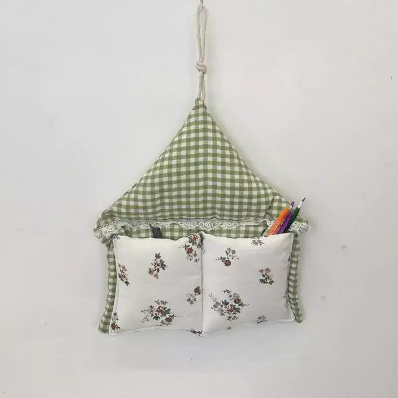 Alilang Hanging Wall Organizer with Gingham Top and Floral Double Pockets 11x10in