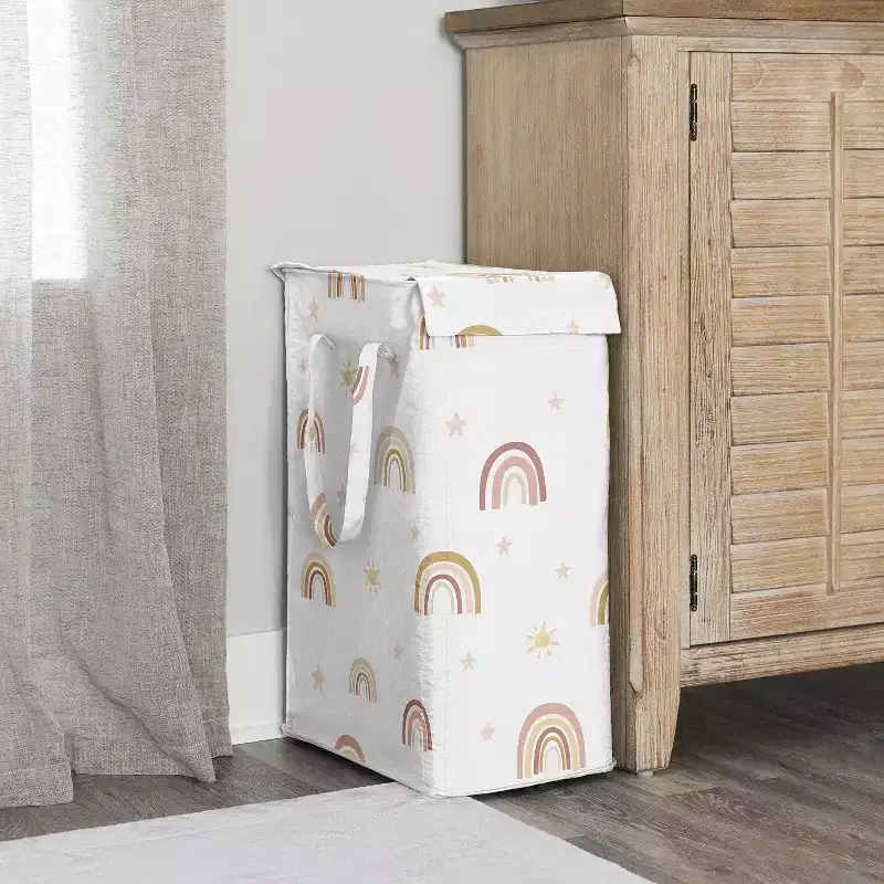 Girl Foldable Laundry Hamper with Handles Boho Rainbow Pink Yellow and Beige