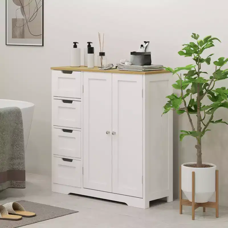 HOMCOM Bathroom Floor Cabinet with Adjustable Shelf, Freestanding Bathroom Storage Cabinet with 4 Drawers and 2 Doors, White