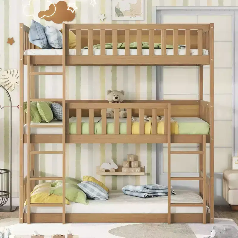 MAYEERTY Twin Size Triple Rubber Wood Bunk Bed with Ladders Guardrails Detachable Bunk Bed for Bedroom