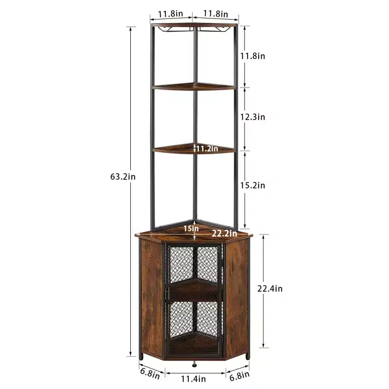 63 Tall Corner Bookshelf 6-Tier Corner Shelf Standing Cabinet Organizer with LED Light and Charging Station, Small Space, Brown/Gray/Gold