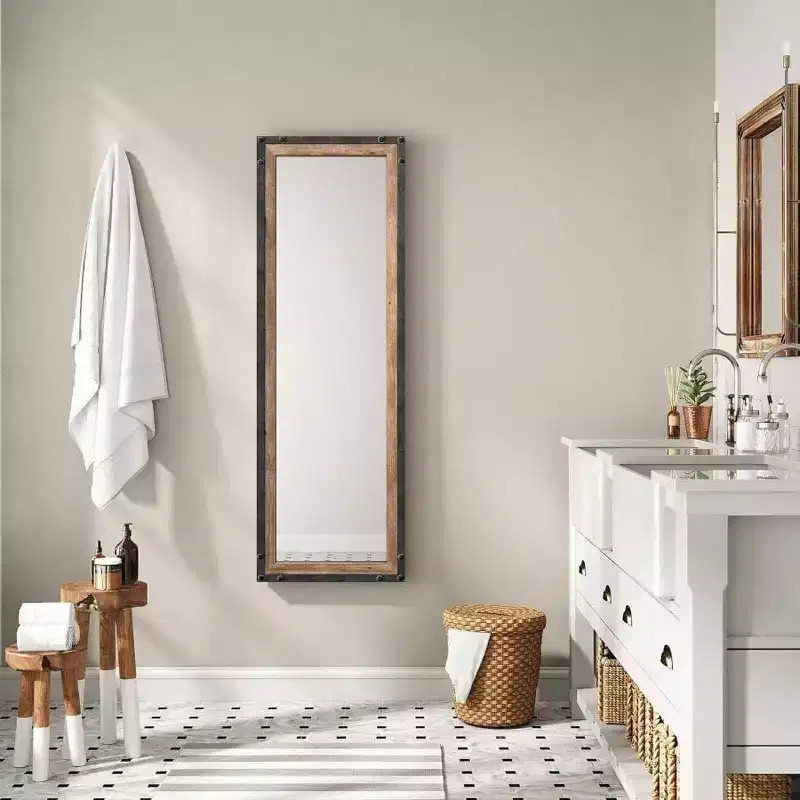 16x48 Leaner Floor Mirror Full Length Large Rustic Standing Leaning Hanging Wood and Metal Long Farmhouse Wall Mirror Brown