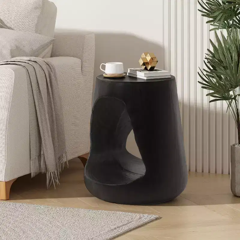 Hollow Side Table, Wood-like texture, Black Color