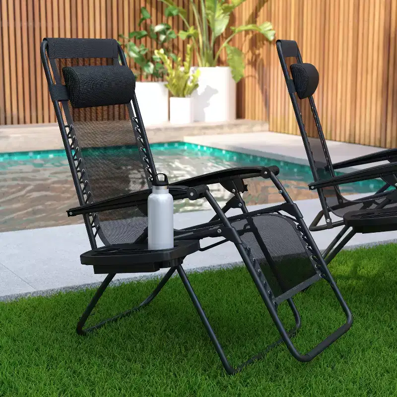 Merrick Lane Set of 2 Folding Mesh Upholstered Zero Gravity Chair with Removable Pillow and Cupholder Tray