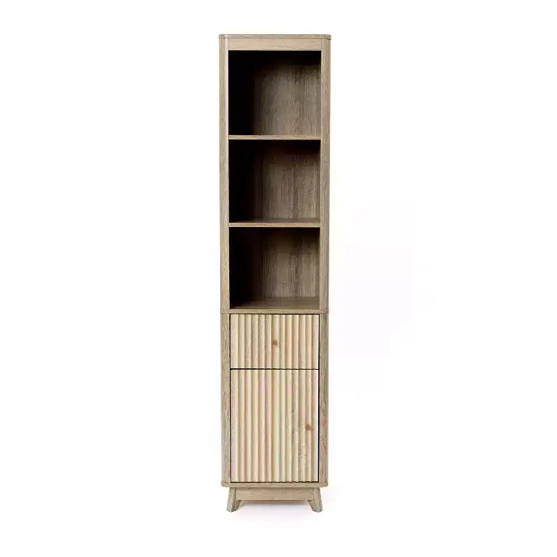 LuxenHome Natural Finish Wave-Patterned Manufactured Wood 1-Drawer 1-Door Bathroom Tower Cabinet Brown