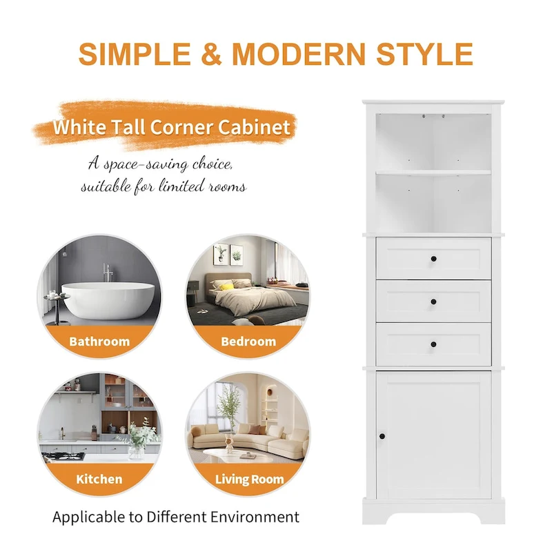 Triangle Tall Cabinet with 3 Drawers and Adjustable Shelves, MDF Board with Painted Finish