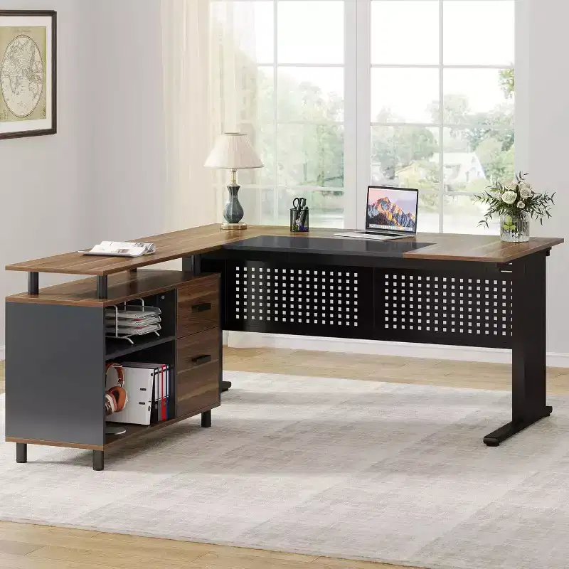 63 Inch L-Shaped Executive Desk with File Cabinet and Drawers for Home Office, Brown and Black