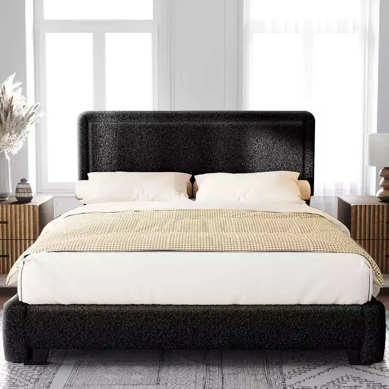 Boucle Bed Frame,Black Upholstered Teddy Fabric Bed Frame with Headboard,No Box Spring Required, Adjustable Headboard, Easy Assembly