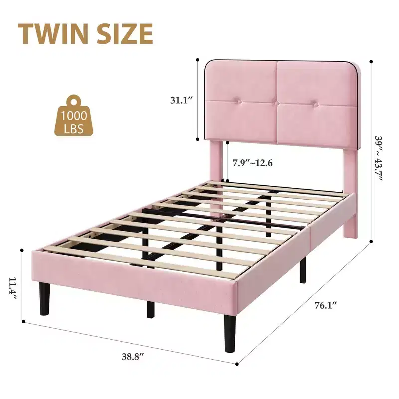 Velvet Upholstered Platform Bed with Adjustable Headboard, Wood Slat & Metal Support, No Box Spring Needed, Quiet & Easy Assembly