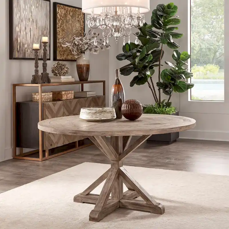 Rustic X-Base Round Pine Wood Dining Table – Distressed Farmhouse Style