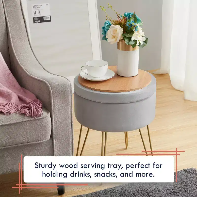 Round Velvet Storage Ottoman with Flip Tray Top & Gold Legs — Silver, 18