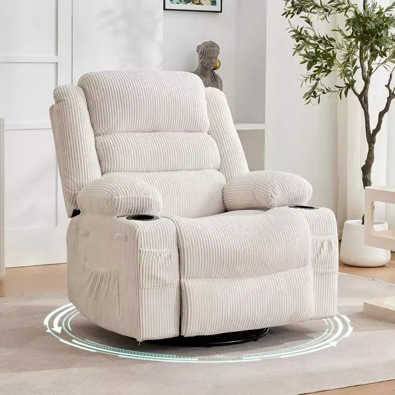 360 Swivel Rocking Recliner Chair with Cup Holder, Upholstered Manual Recliner for Living Room Nursery