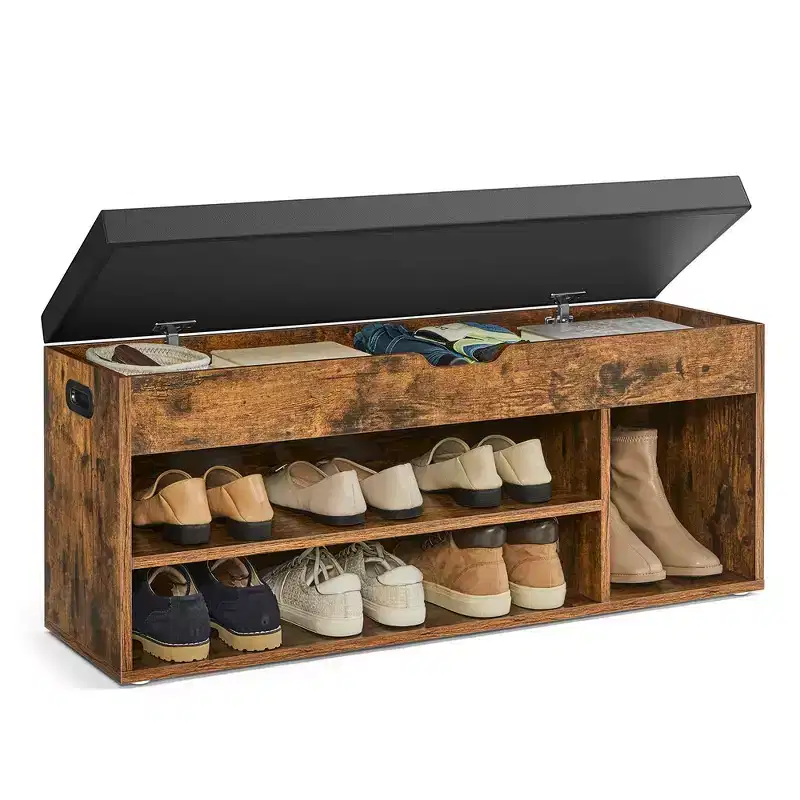 Shoe Storage Bench with Cushion, 3 Compartments, Rustic Brown and Black