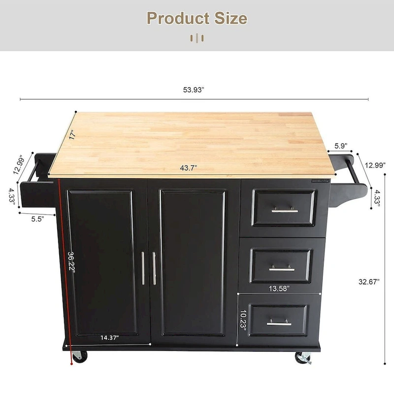 Kitchen Island Cart with Extensible Rubber Wood Top and Locking Wheels