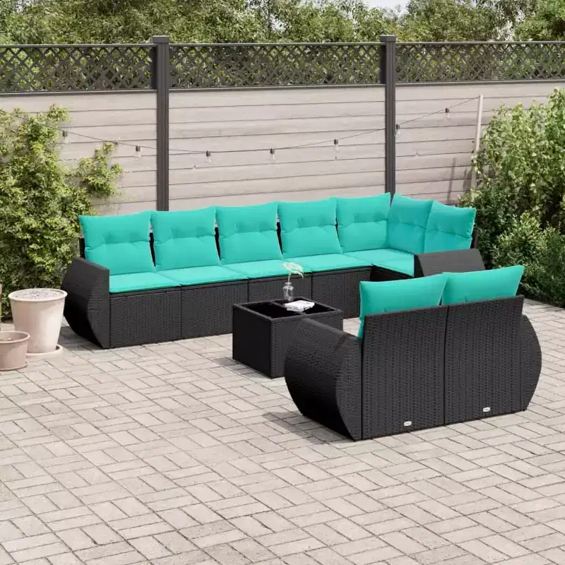 vidaXL 9 Piece Patio Sofa Set with Cushions Black Poly Rattan