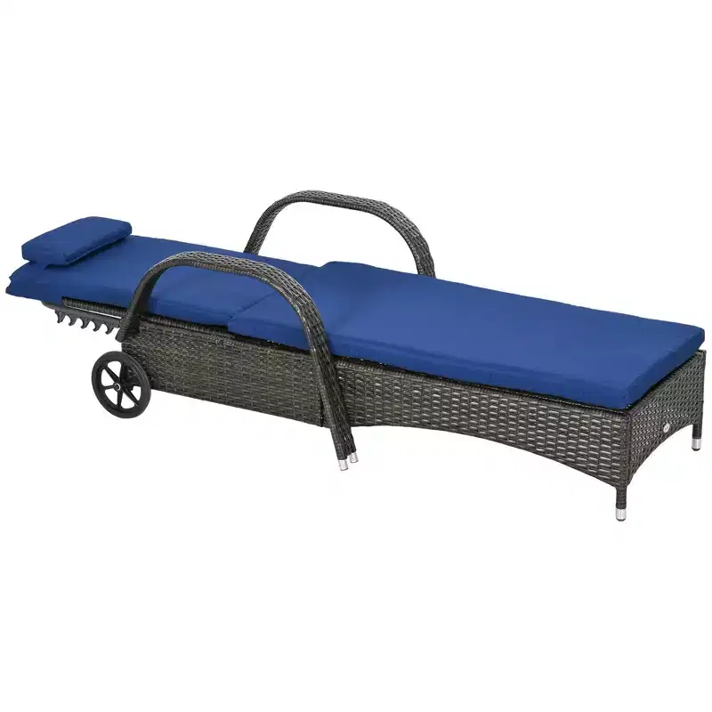 Outdoor Chaise Lounge, 5-Level Adjustable Backrest Rattan Pool Lounge Chair with Wheels, Cushion & Headrest