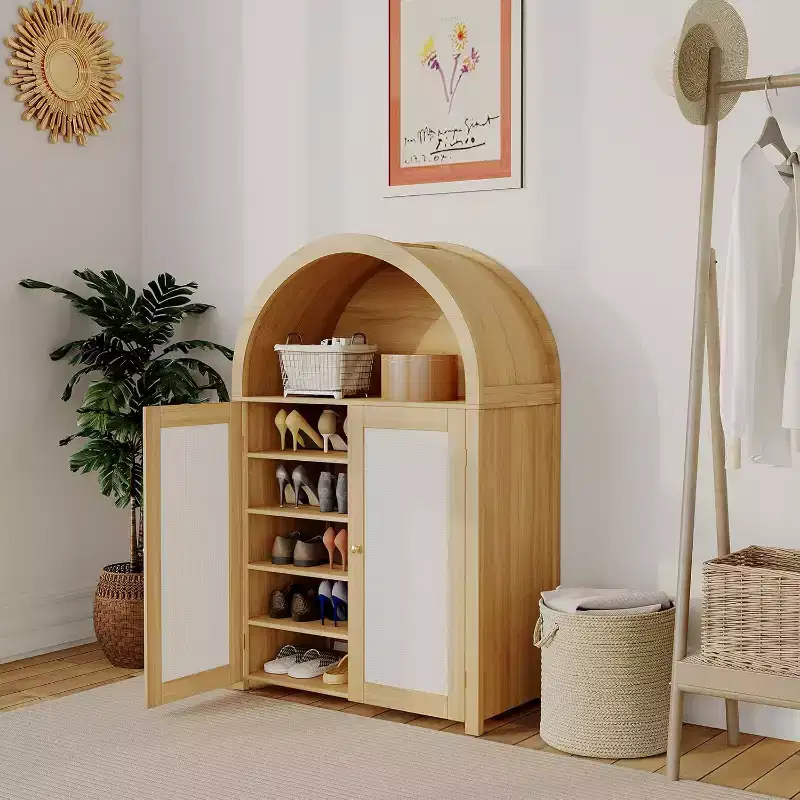 5-Tier Arched Shoe Storage Cabinet with Rattan Doors – Farmhouse Entryway Shoe Rack