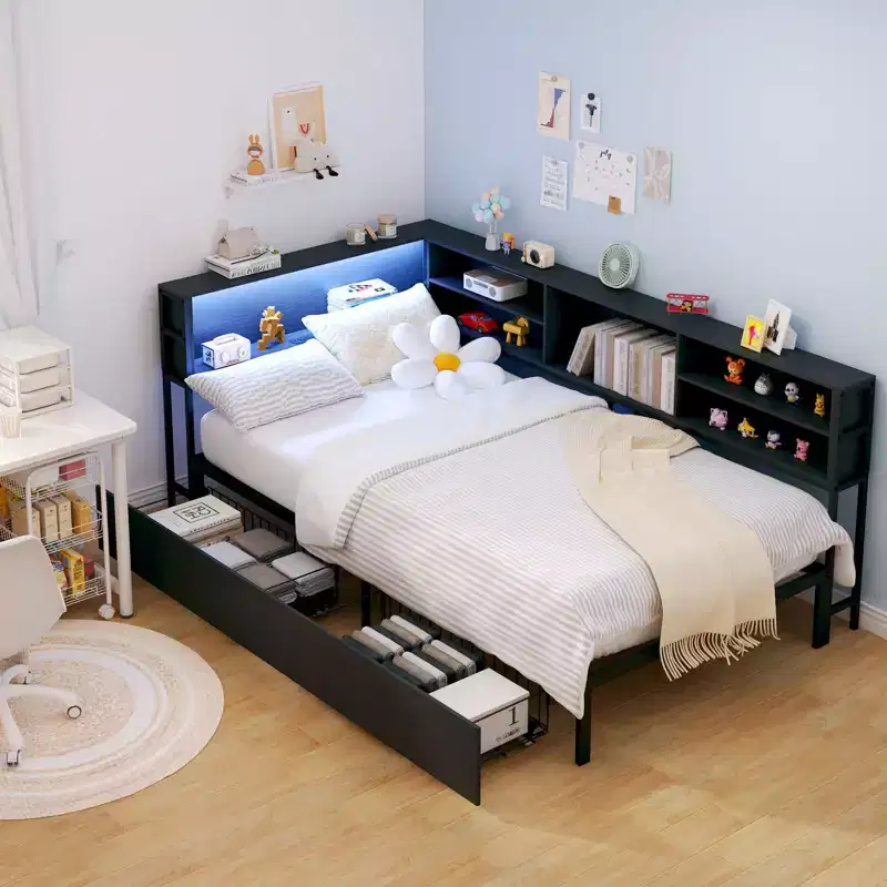 Kids Daybed Corner Bed Frame with Storage Bookcase & LED Light, Modern Bookcase Platform Bed, No Box Spring Needed