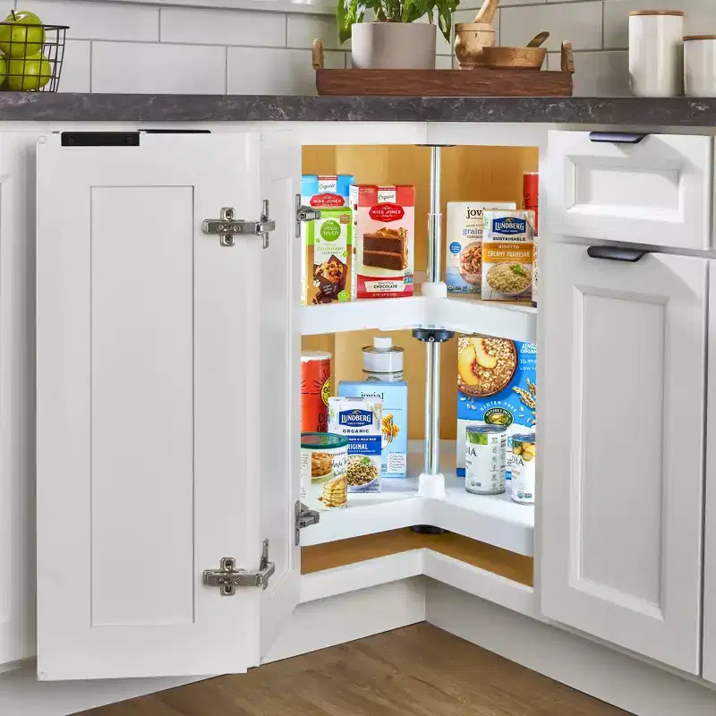 Rev-A-Shelf 2 Tier Kidney Cut Lazy Susan for Corner Base Cabinets, Plastic, 24 Double Shelf Swivel Kitchen Spice/ Can Organizer, White, 3472-24-11-52