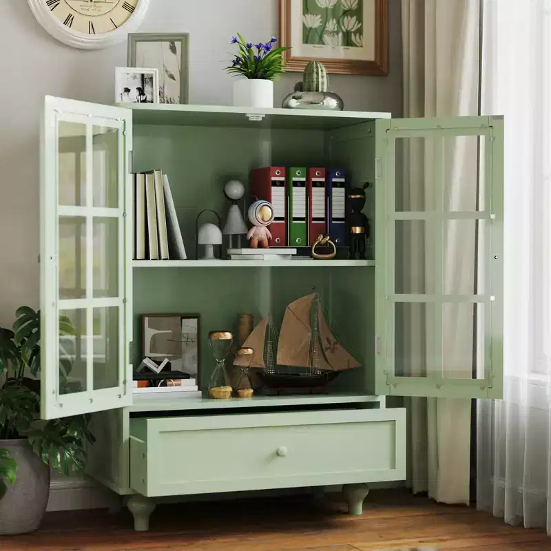 Storage Cabinets, Wooden Floor Cabinet with 1 Drawer and 2 Glass Doors, Farmhouse Sideboard Buffet Cabinet with Storage for Living Room