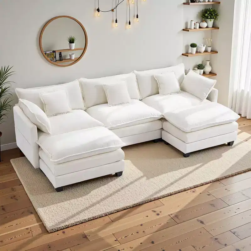 EHMKNP 3-Seat U-Shaped Modern Cloud Couch - Chenille Modular Sectional with Deep Seat, 2 Ottoman & 4 Pillows for Home/Apartment Spaces