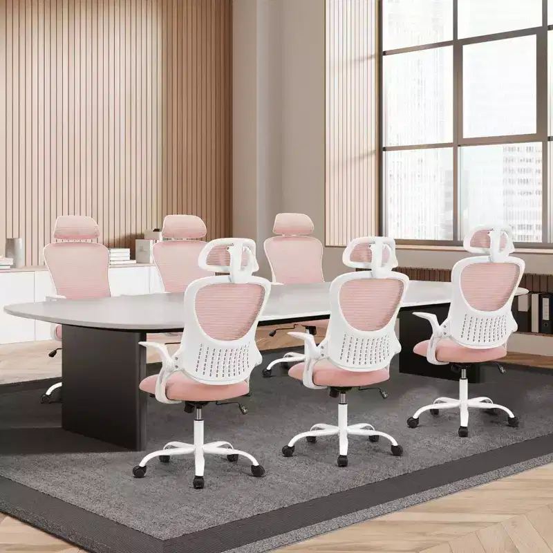 MAYEERTY Office Chair Ergonomic with Adjustable Headrest Pink Fabric 250 lb capacity