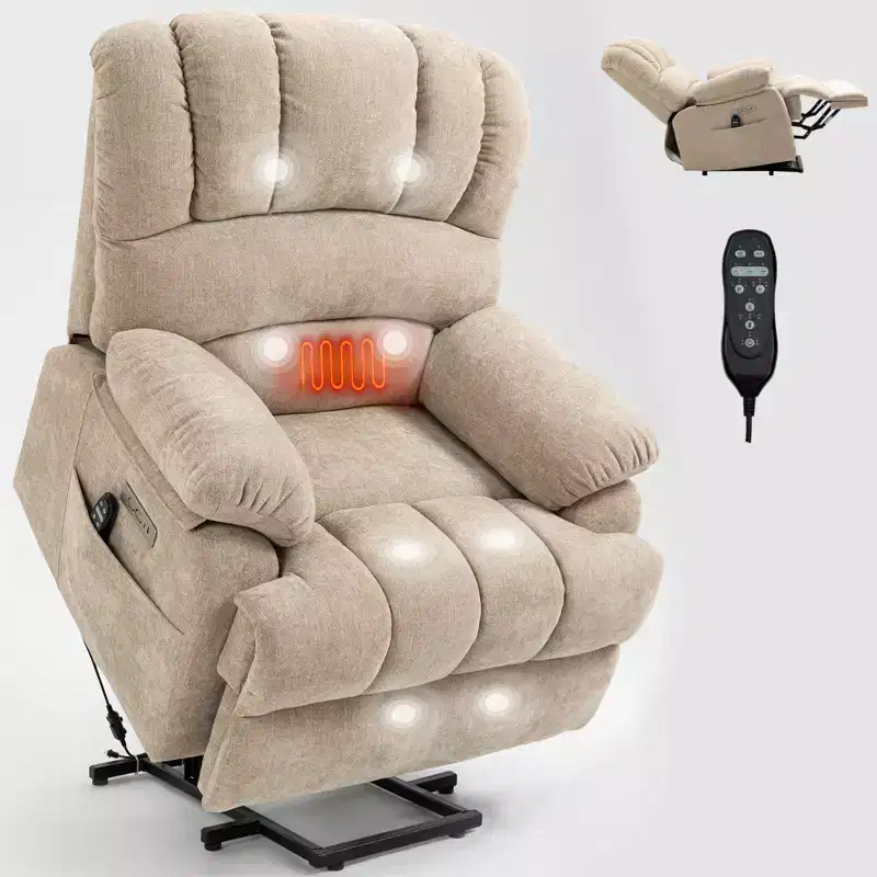 CLIHOME 23 Seat Width and High Back Large Size Chenille Power Lift Recliner Chair with 8-Point Vibration Massage and Lumbar Heating