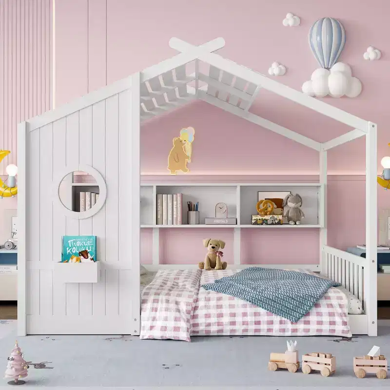 Full Floor House Bed for Kids with Storage Shelf and Roof Design, White